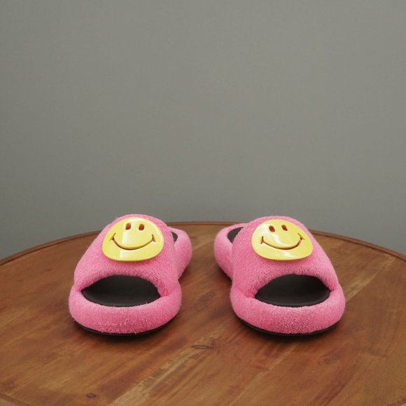 Smiley x Joshuas Womens Slide Sandals Size 39 / 9 Pink Terry Cloth Yellow Face - Picture 3 of 11